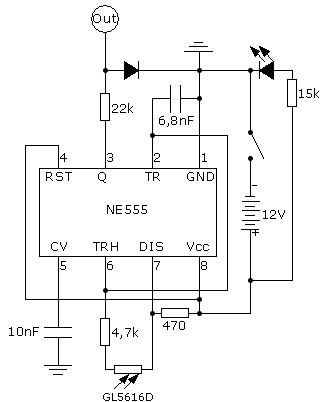 Schemat układu - generator astabilny oparty o układ scalony NE555